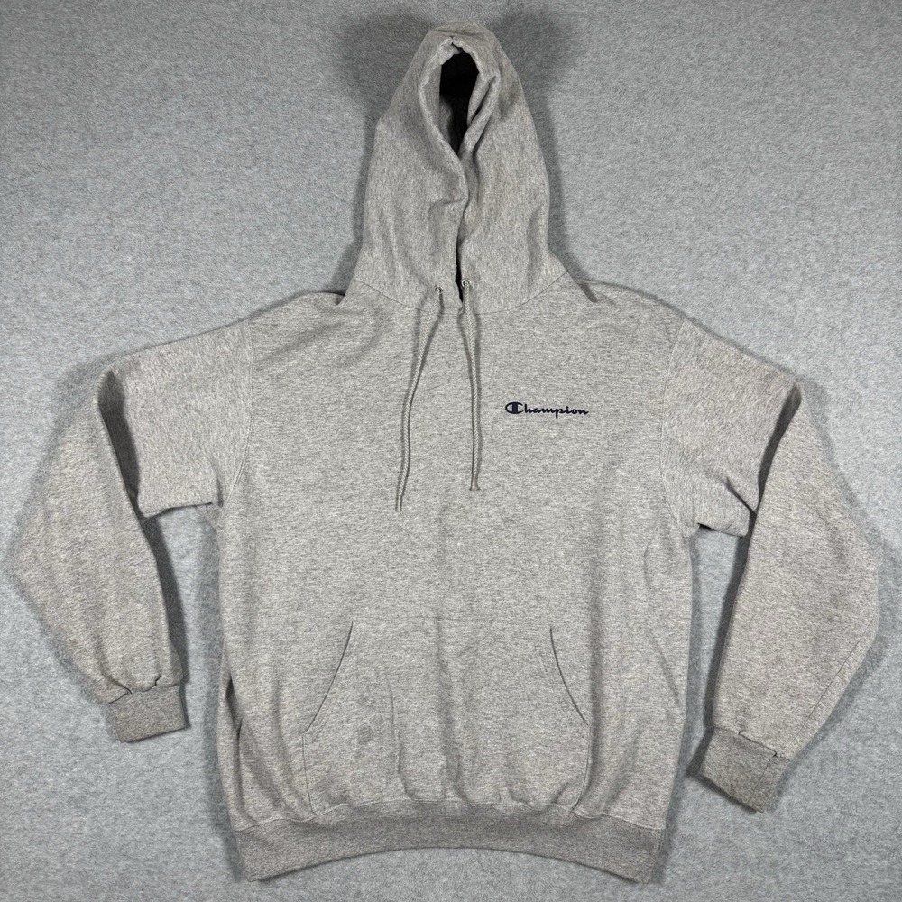 Champion Gray Pullover Hoodie Men's L Script Logo Embroidered Sleeve C Patch